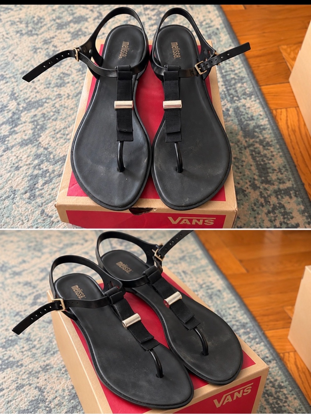 Melissa Black T-Strap Sandals with Gold Accents